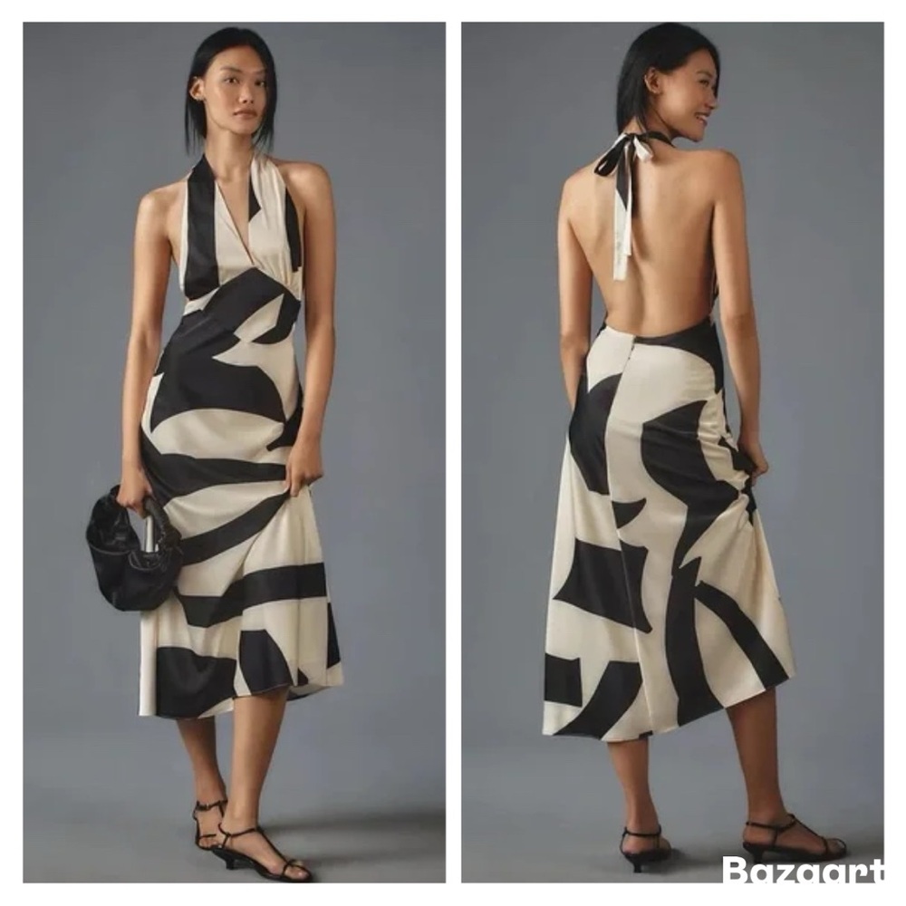Anthropologie Black and Cream Halter Midi Dress